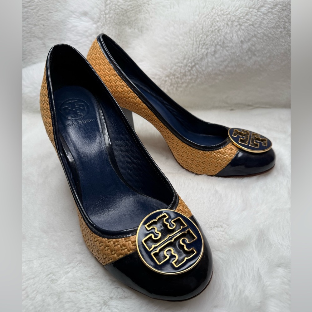 Tory Burch Blue and Tan Leather Heels with Signature Medallion